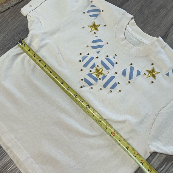 Vintage 1990s Nautical Striped + Stars Patchwork Studded Cropped T-Shirt - Picture 14 of 15